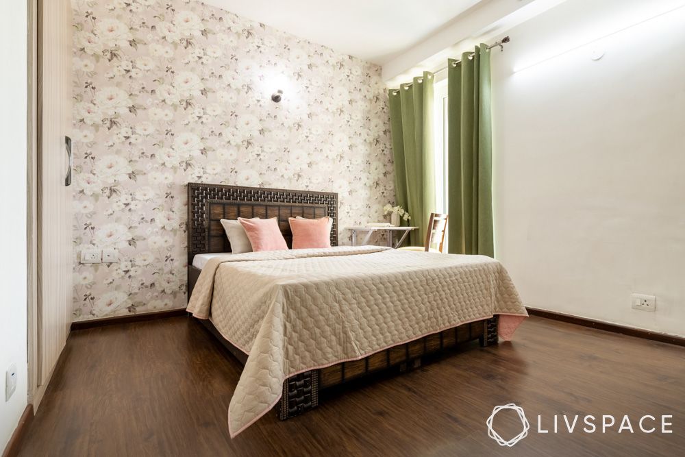 olive-curtains-with-floral-wallpaper-in-guest-bedroom