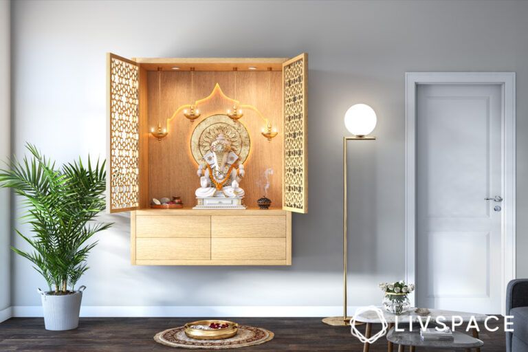 Wall Mounted Pooja Shelf with Doors - Compact & Traditional Design
