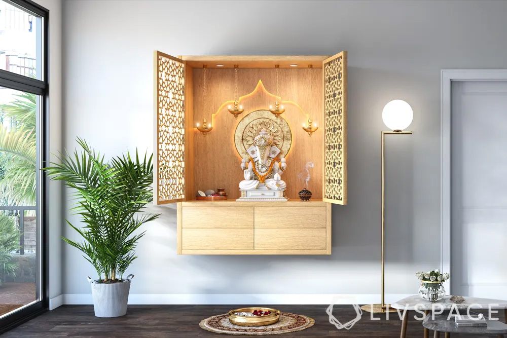 wooden-pooja-mandir-designs-for-home-with-jaali-and-storage