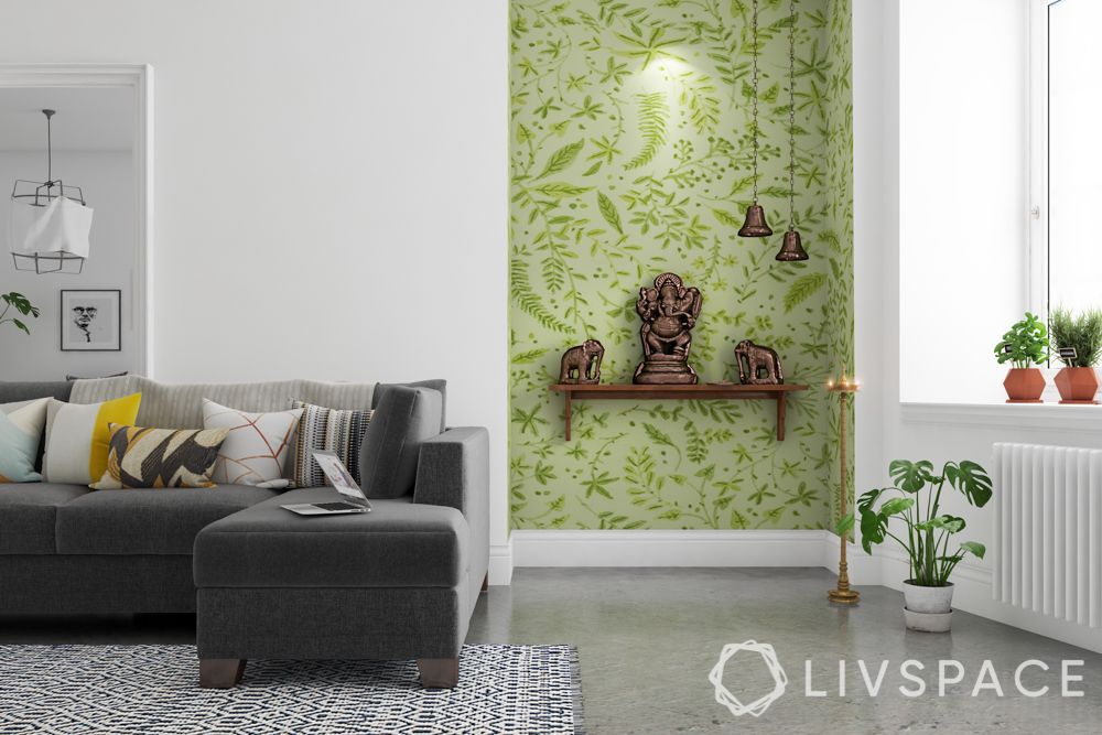 wooden-pooja-mandir-designs-for-home-with-shelf-bells-green-wallpaper