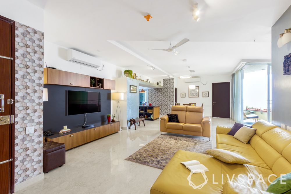 tv-cabinet-design-in-grey-and-wood-with-yellow-sofa