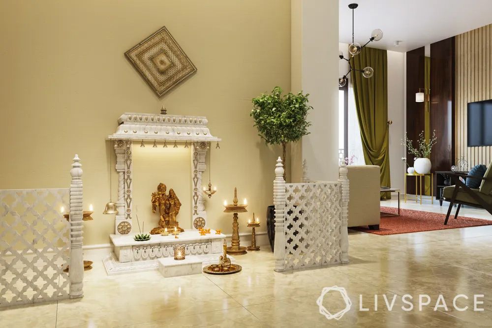 white-traditional-home-temple-design-in-a-corner-with-carved-open-gates