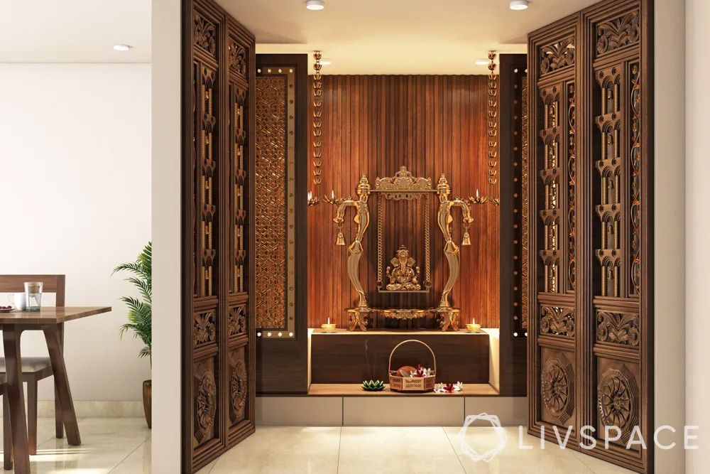 traditional-pooja-mandir-ideas-with-wooden-double-doors