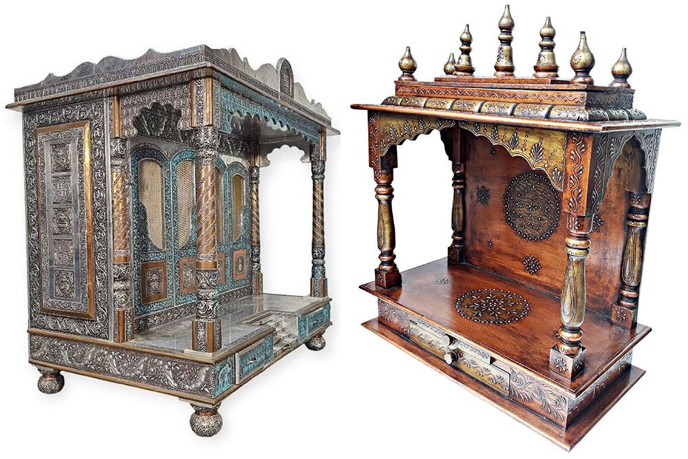 mandir design for mounting on a wall in distressed vintage wood