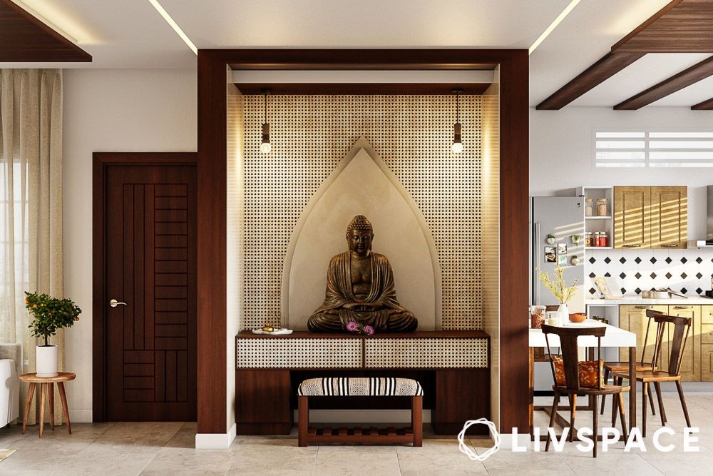 mandir furniture design with rattan wall panel