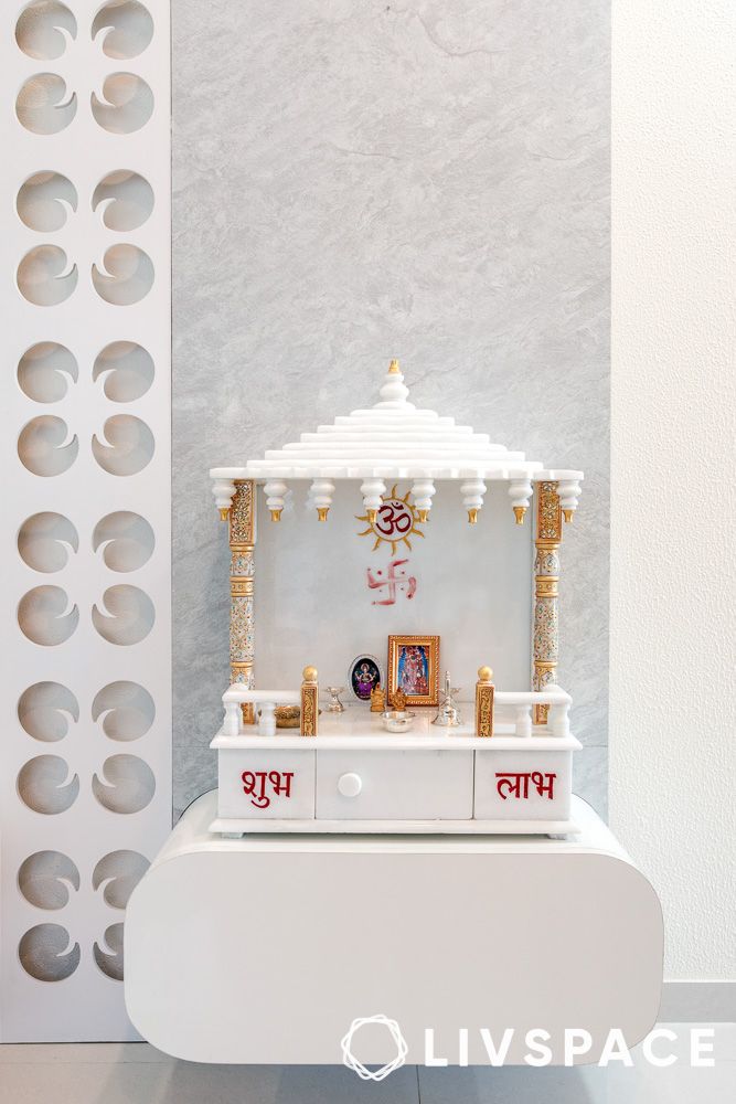 white furniture mandir design in wall