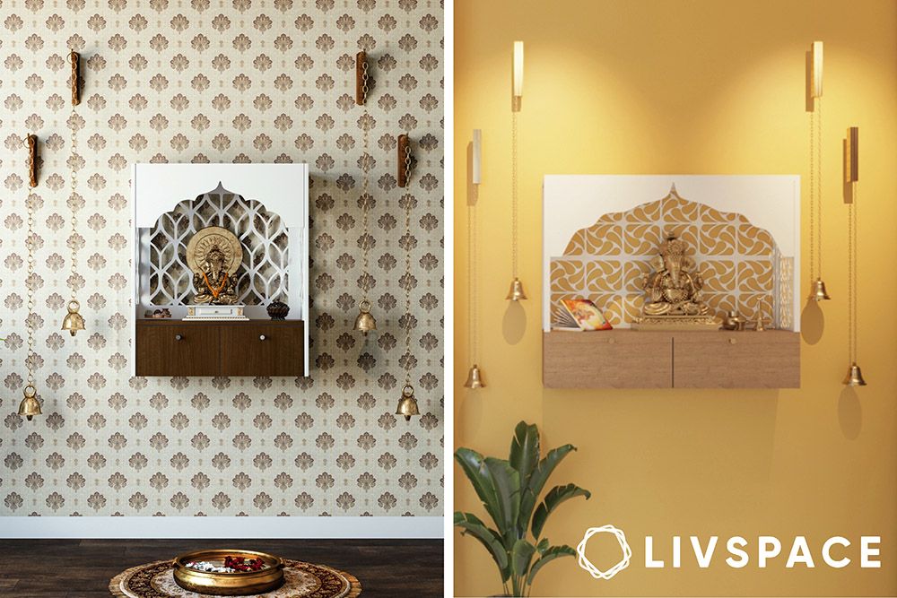 arched mandir unit design in wall with pendant light and printed wallpaper