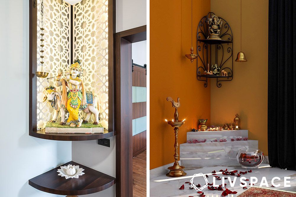 corner wall mandir design with jaali and lighting