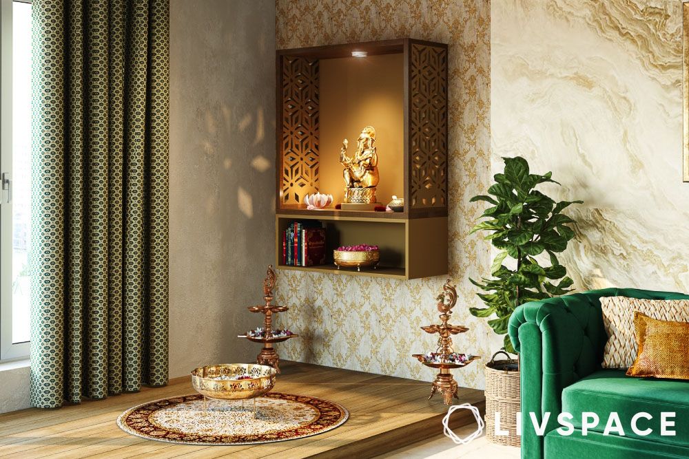 mandir design in wall with spotlight
