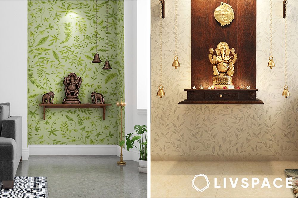 Mandir Design in Wall Wrapped in Wallpaper
