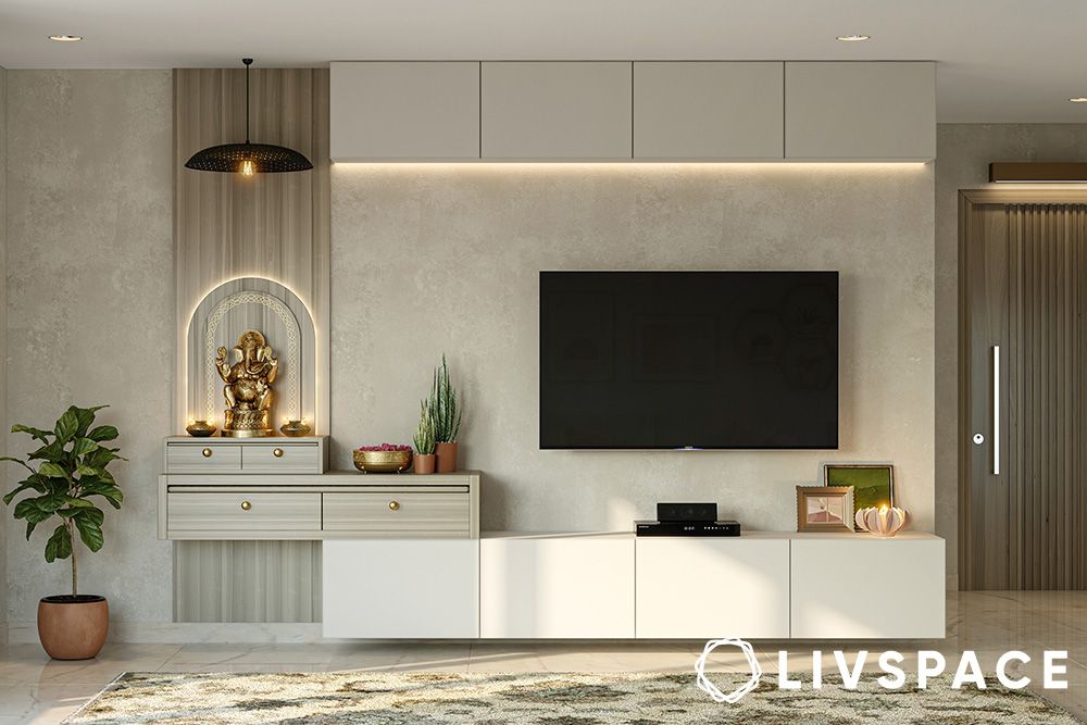 multiple pooja cabinet designs on a wall mounted mandir plus TV unit