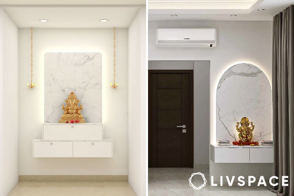 double drawer cabinet design for pooja unit mounted on a wall
