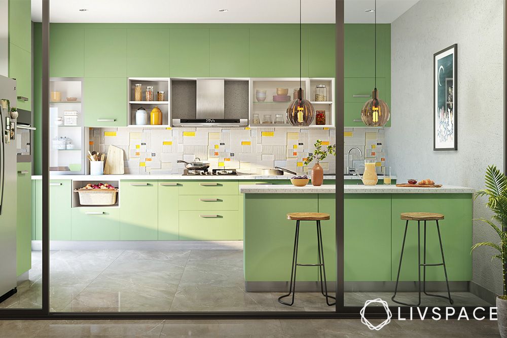 mint-green-peninsula-kitchen-with-breakfast-counter-and-glass-partition