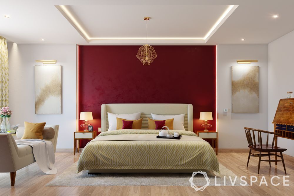 simple-false-ceiling-design-for-bedroom-with-red-accent-wall