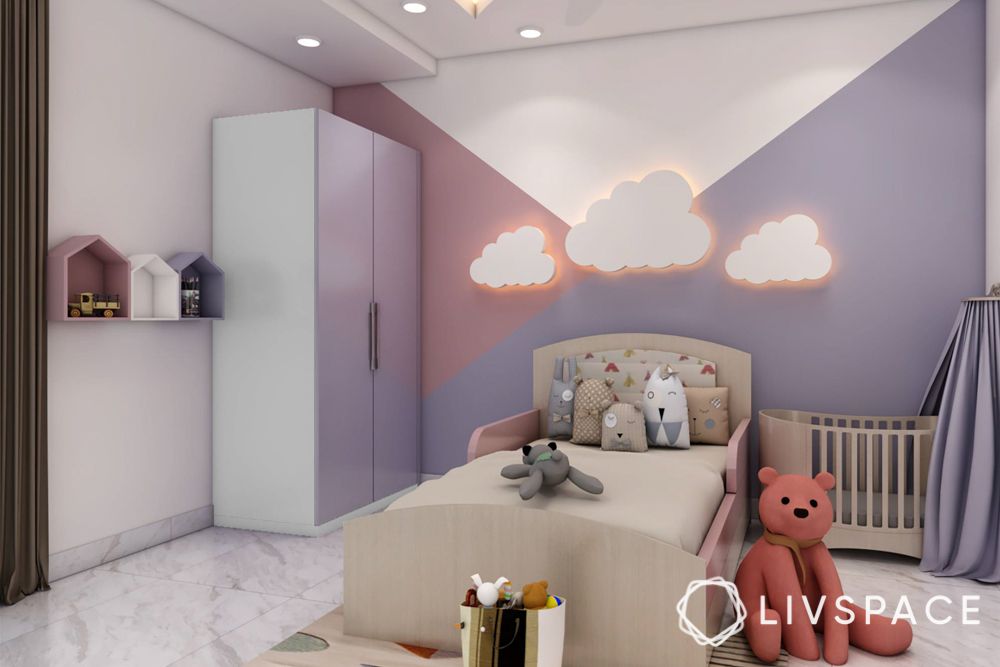 lilac-purple-and-white-wardrobe-in-kids-bedroom-with-3d-clouds-on-wall