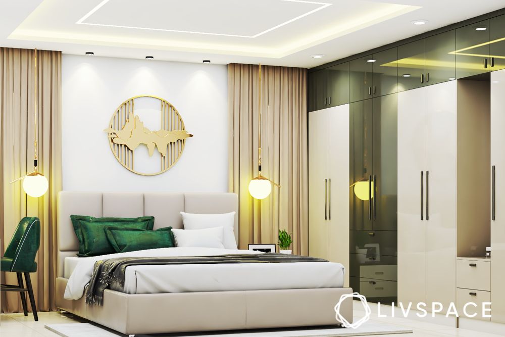 mid-century-interior-design-green-and-beige-bedroom-with-lighting