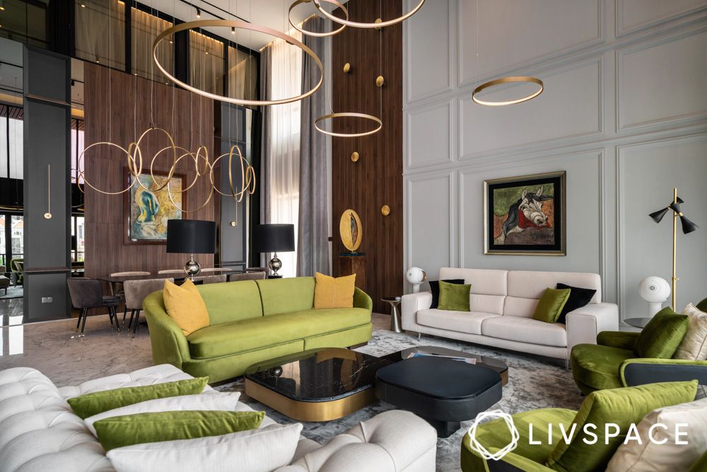 mid-century-interior-of-green-living-room-with-statement-lighting