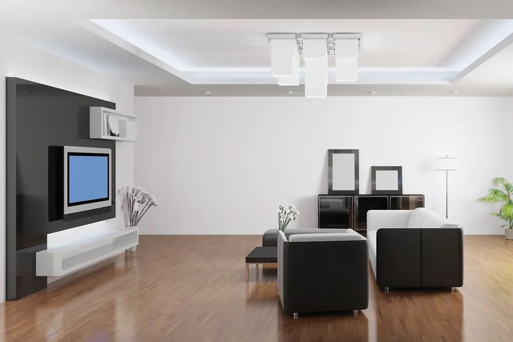 white-hall-colour-combination-with-black-furniture-and-wooden-flooring