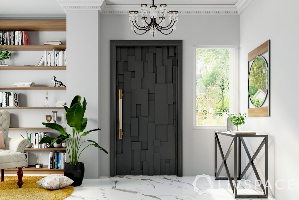 geometric-black-main-door-design-with-plants-and-bookshelf