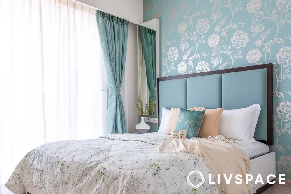 bedroom colour ideas in light teal floral paint