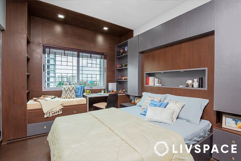 wood brown and grey bedroom colour combination