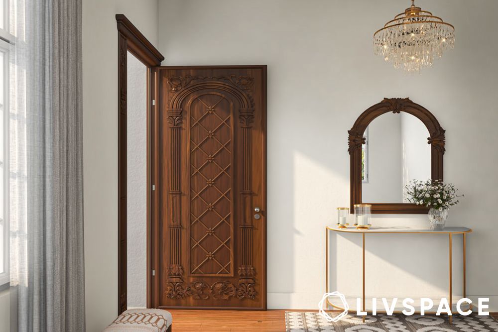 main door facing with wooden engravings as per vastu