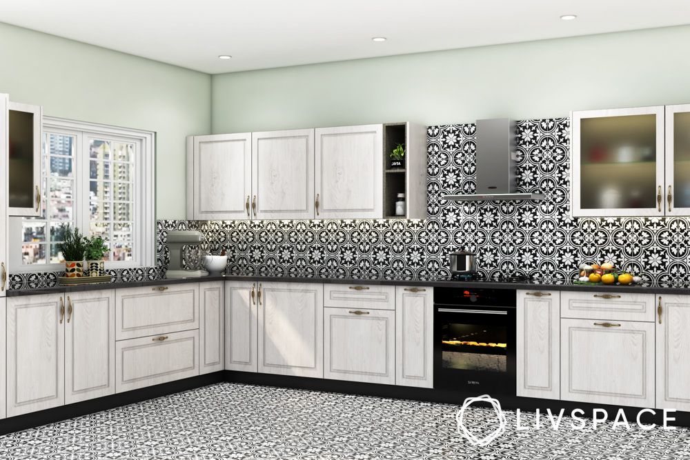 black-and-white-modular-kitchen-with-patterned-flooring-and-backsplash