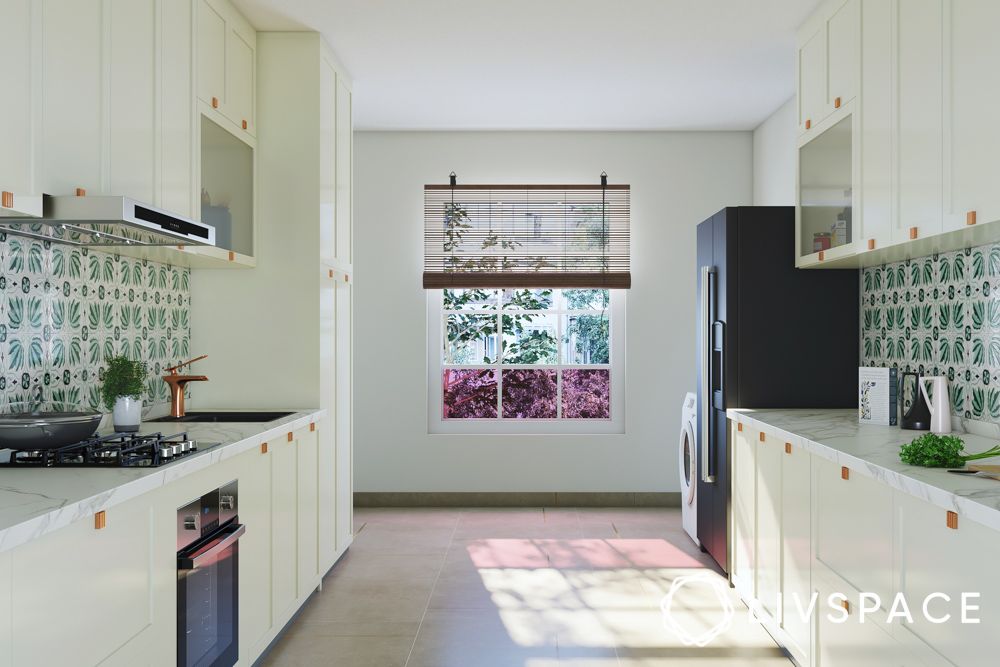 parallel-white-kitchen-design-with-copper-handles-and-printed-dado