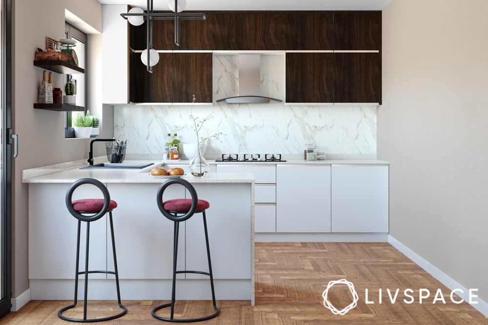 white-kitchen-with-breakfast-bar-and-wood-upper-cabinets