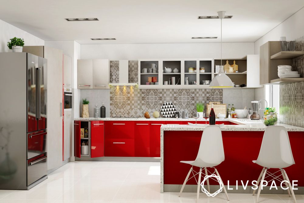 white-kitchen-design-with-red-cabinets-and-peninsula