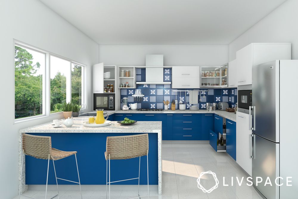 white-kitchen-design-with-blue-cabinets-and-peninsula
