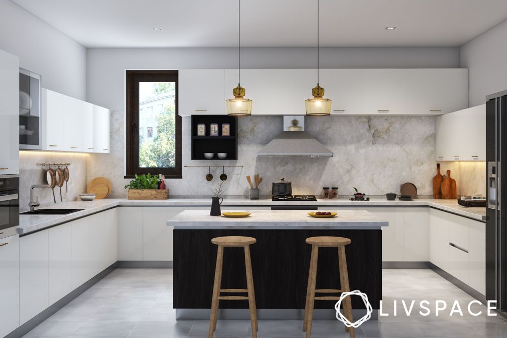 white-kitchen-ideas-with-black-island-and-lighting