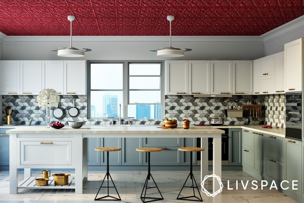 red-ceiling-grey-white-kitchen-design