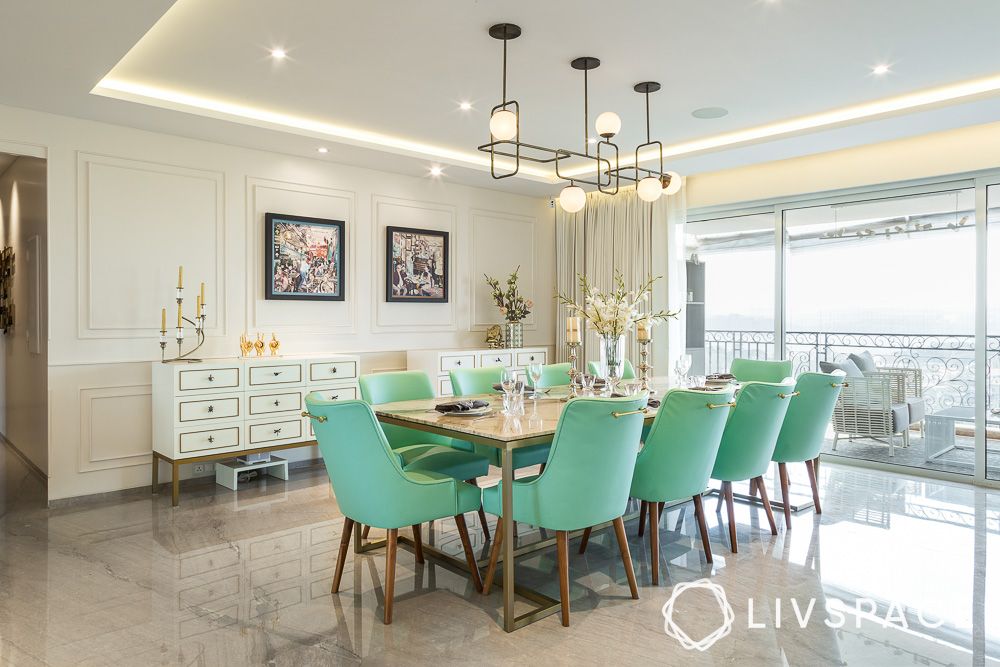 dining-room-with-ips-flooring-mint-green-chairs-and-chandelier.