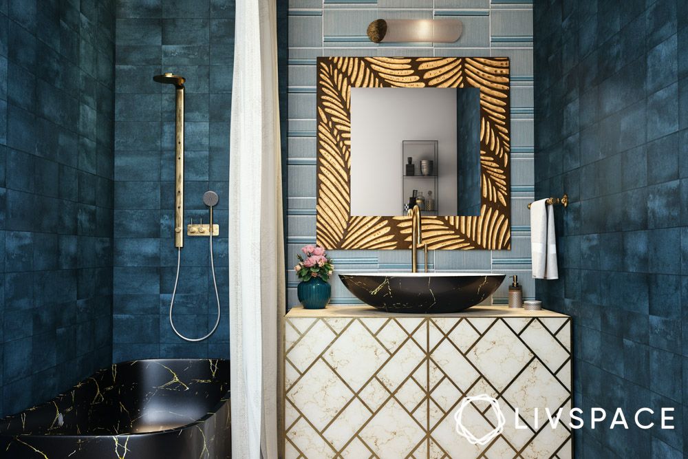 bathroom-base-cabinet-jewel-blue-walls-gold-patterned-wall