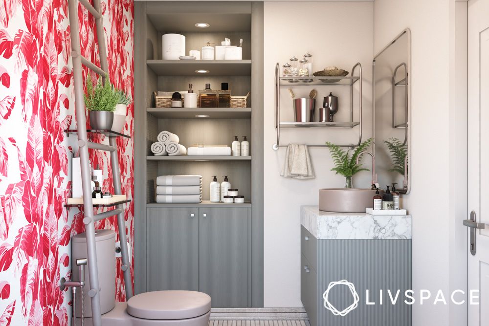 tall-bathroom-cabinet-with-shelves-and-red-floral-wallpaper