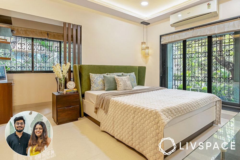 aishwarya-mohanraj-aakash-shah-bedroom-with-green-velvet-headboard