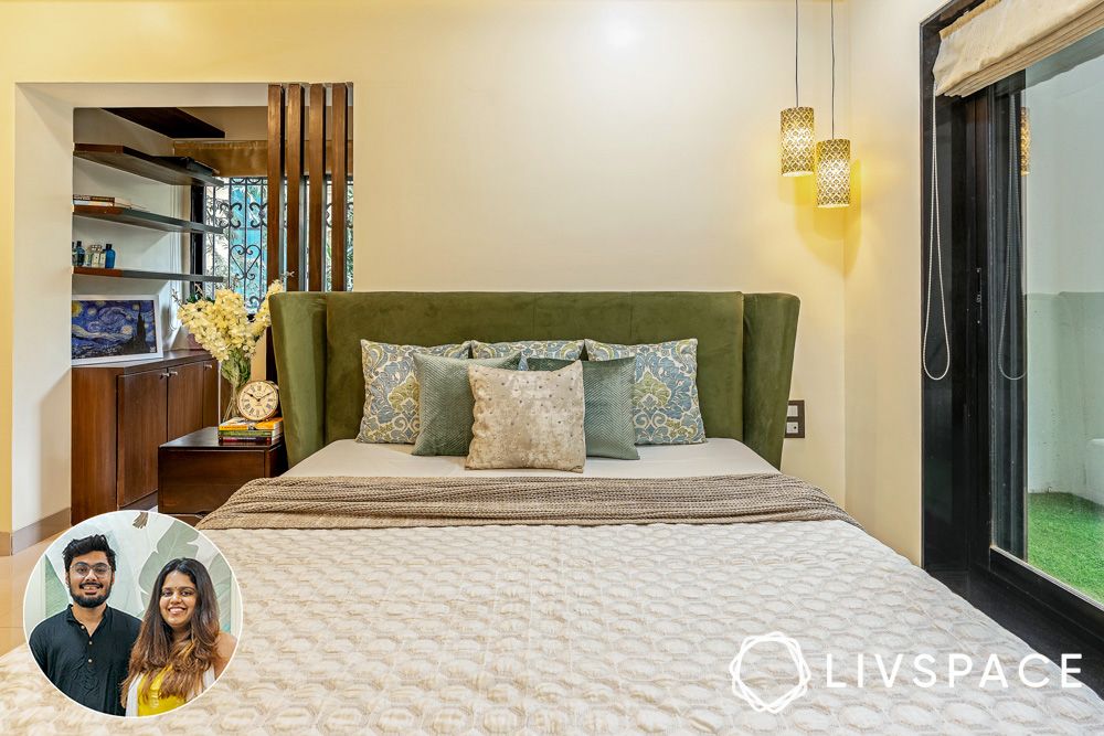 aishwarya-mohanraj-aakash-shah-bed-green-velvet-headboard-pendant-lights