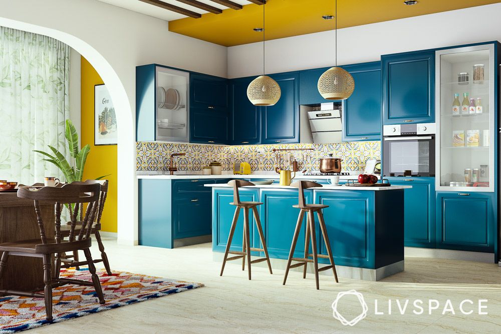luxury-modern-luxury-open-kitchen-design-with-blue-cabinets-yellow-ceiling-seating-lighting
