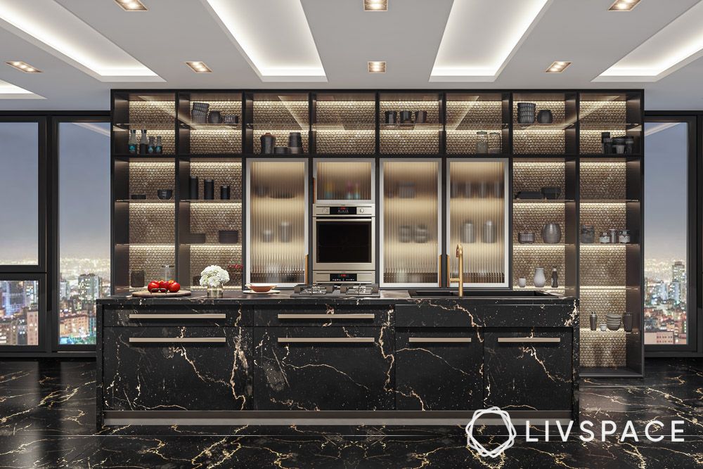 luxury-modern-kitchen-designs-with-black-veined-counter-open-storage-view