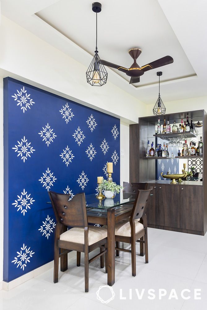 decorate-rooms-with-stencil-patterned-accent-walls-dining-set-bar-unit