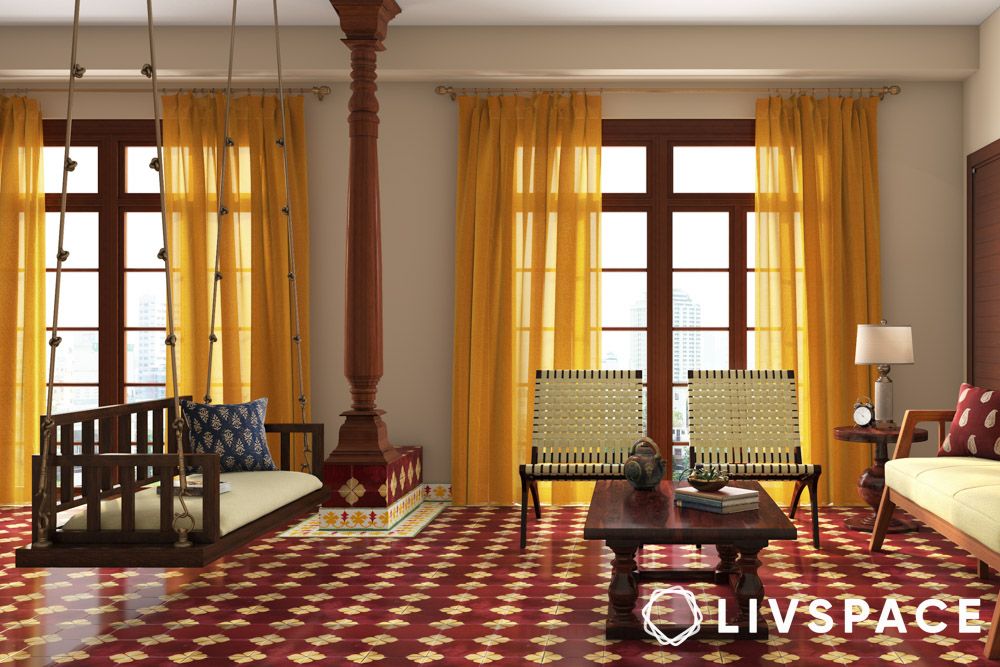 rustic-indian-interior-design-with-jhoola-wooden-centre-table-and-bright-yellow-curtains