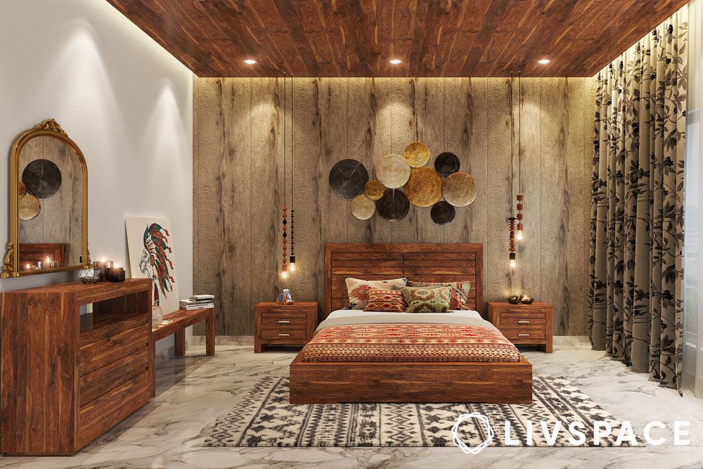 rustic-bedroom-with-wallpaper-texture-wooden-ceiling