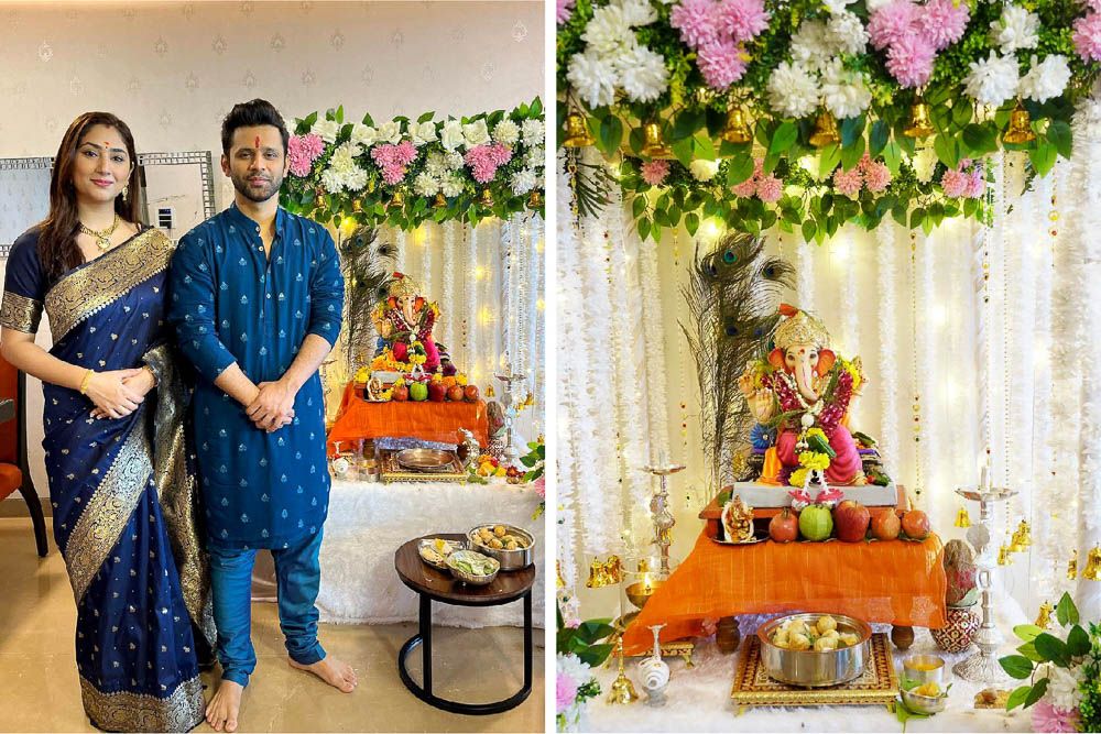 ganpati-decoration-with-hanging-flowers