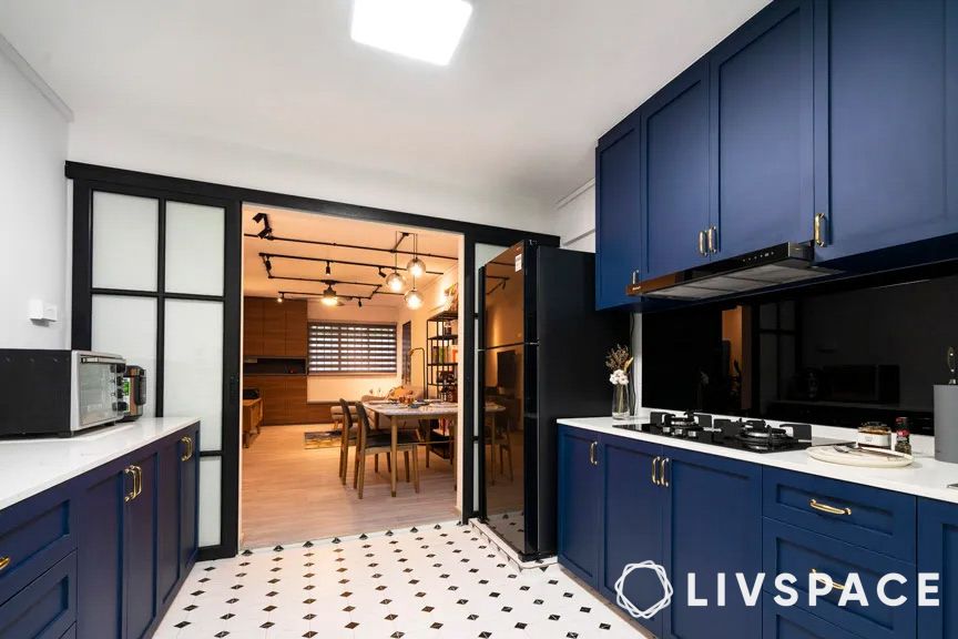 blue-parallel-kitchen-with-sliding-doors