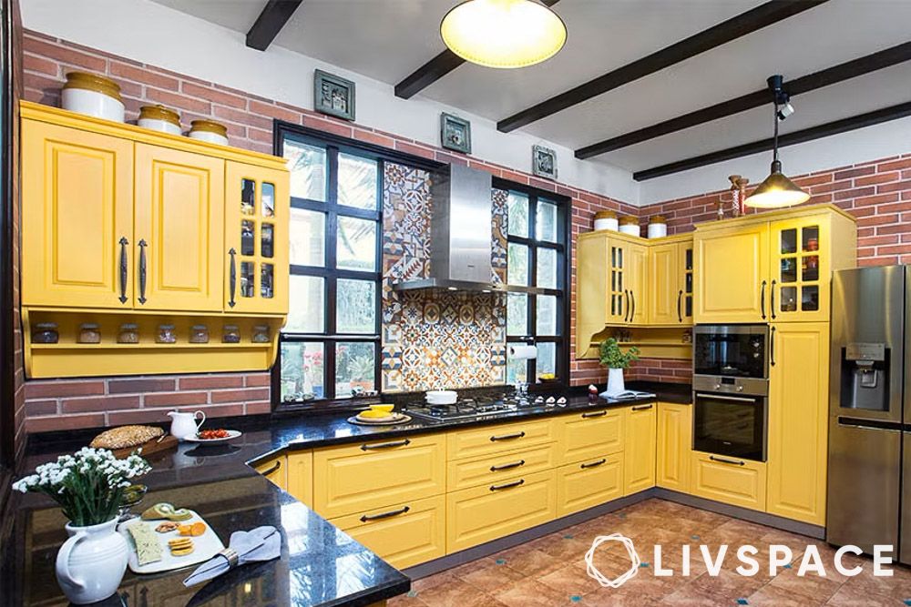 yellow-u-shaped-PU-kitchen-and-brick-wall