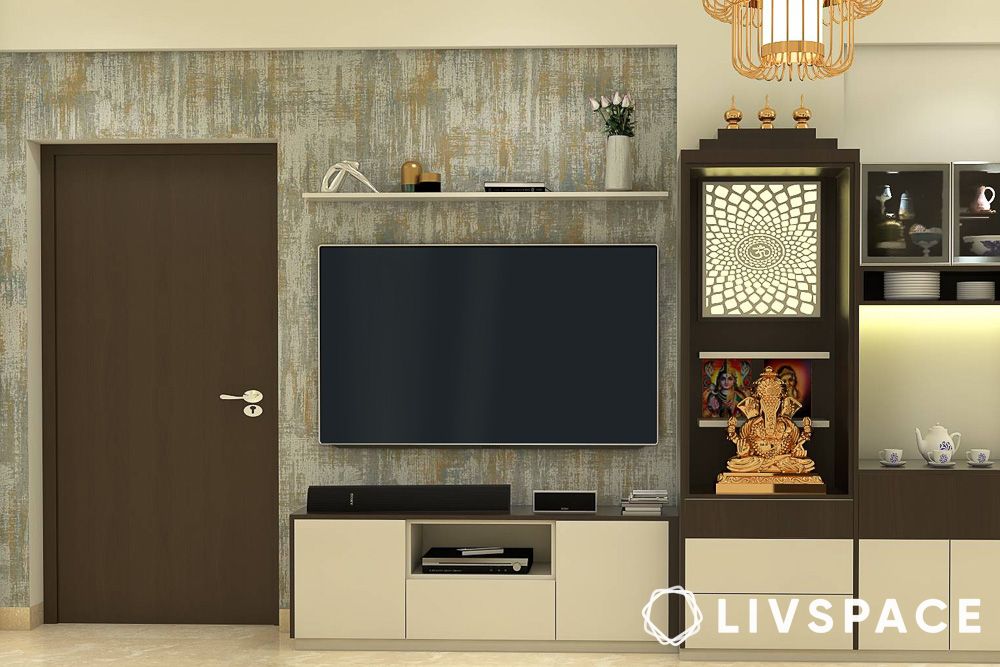 hall-tv-showcase-with-pooja-room-in-neutral-colours