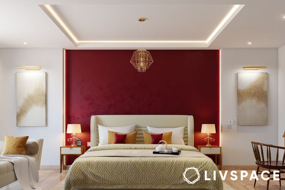 simple-false-ceiling-design-for-bedroom-with-red-accent-wall