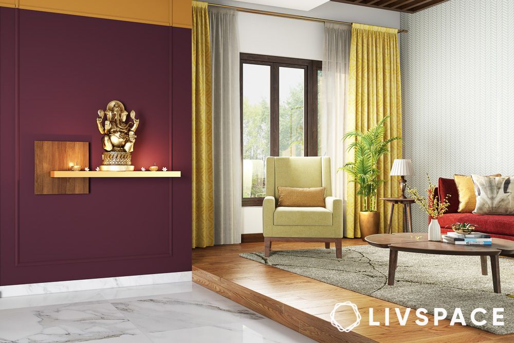 small pooja room designs in apartments against maroon wall