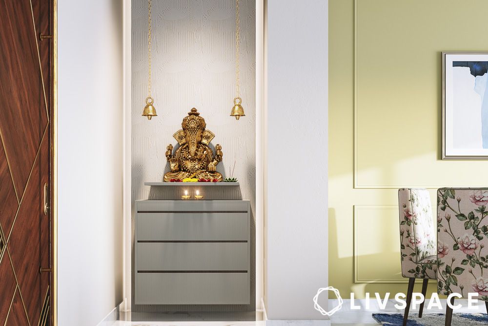 design of small mandir at home with narrow frame